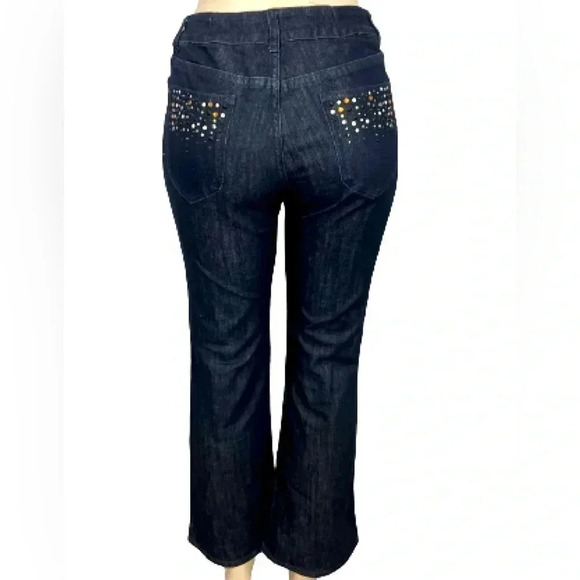 Chicos Blue Denim Jeans flair Cropped Platinum sequin jeweled Pockets - Picture 8 of 15